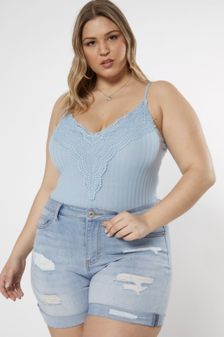 Bodysuit Layered with Denim Shirt and Crochet Shorts